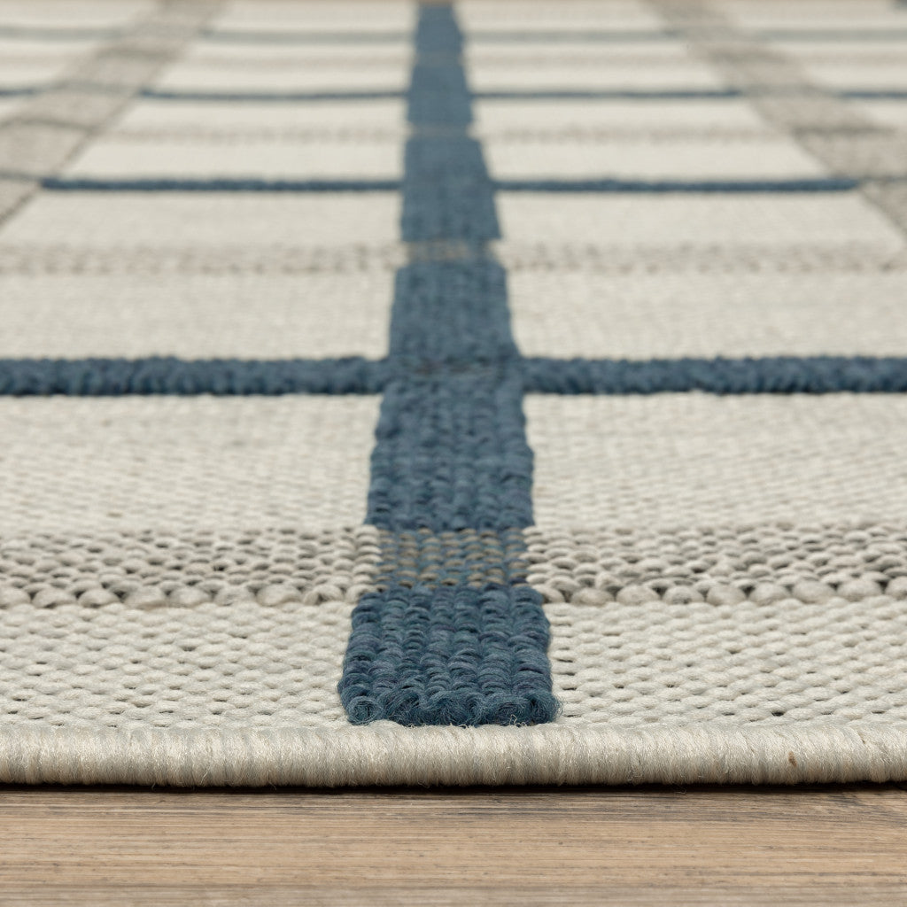 5' X 7' Blue and Beige Geometric Stain Resistant Indoor Outdoor Area Rug