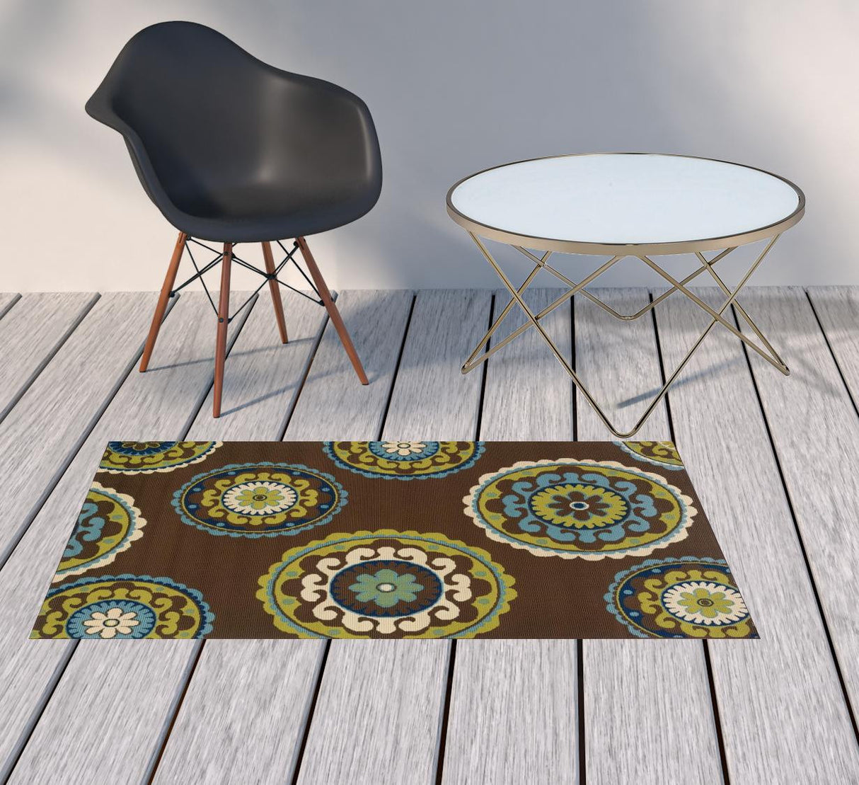 2' X 4' Brown and White Floral Medallion Stain Resistant Indoor Outdoor Area Rug