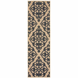 2' X 8' Beige and Black Oriental Stain Resistant Indoor Outdoor Area Rug