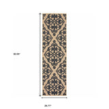 2' X 8' Beige and Black Oriental Stain Resistant Indoor Outdoor Area Rug