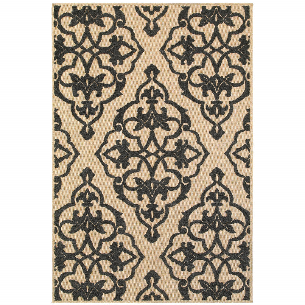 4' X 5' Beige and Black Oriental Stain Resistant Indoor Outdoor Area Rug