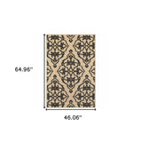 4' X 5' Beige and Black Oriental Stain Resistant Indoor Outdoor Area Rug