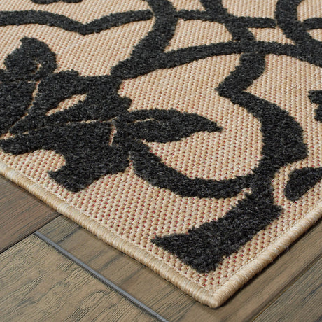 10' X 13' Beige and Black Oriental Stain Resistant Indoor Outdoor Area Rug