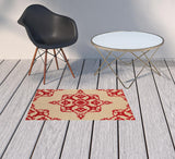 2' X 3' Red Oriental Stain Resistant Indoor Outdoor Area Rug