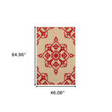 4' X 5' Red Oriental Stain Resistant Indoor Outdoor Area Rug