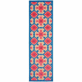 2' X 8' Blue and Beige Oriental Stain Resistant Indoor Outdoor Area Rug