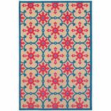 4' X 5' Blue and Beige Oriental Stain Resistant Indoor Outdoor Area Rug