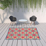 7' X 10' Blue and Beige Oriental Stain Resistant Indoor Outdoor Area Rug