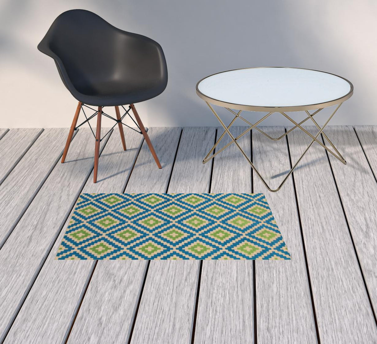 2' X 3' Blue and Beige Geometric Stain Resistant Indoor Outdoor Area Rug