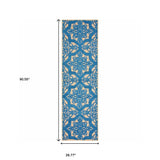 2' X 8' Blue and Beige Oriental Stain Resistant Indoor Outdoor Area Rug