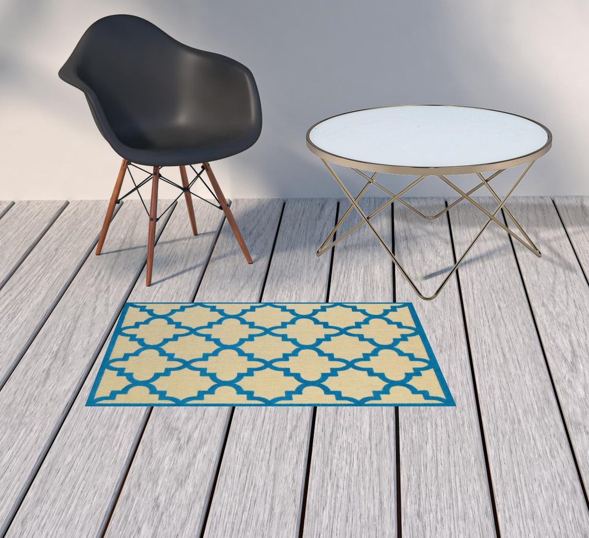 2' X 3' Blue and Beige Geometric Stain Resistant Indoor Outdoor Area Rug