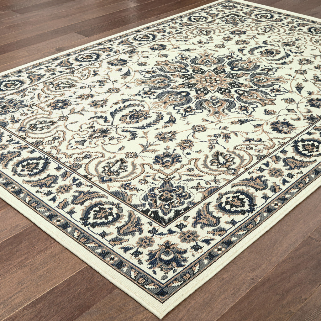 4' X 6' Ivory and Blue Oriental Stain Resistant Indoor Outdoor Area Rug