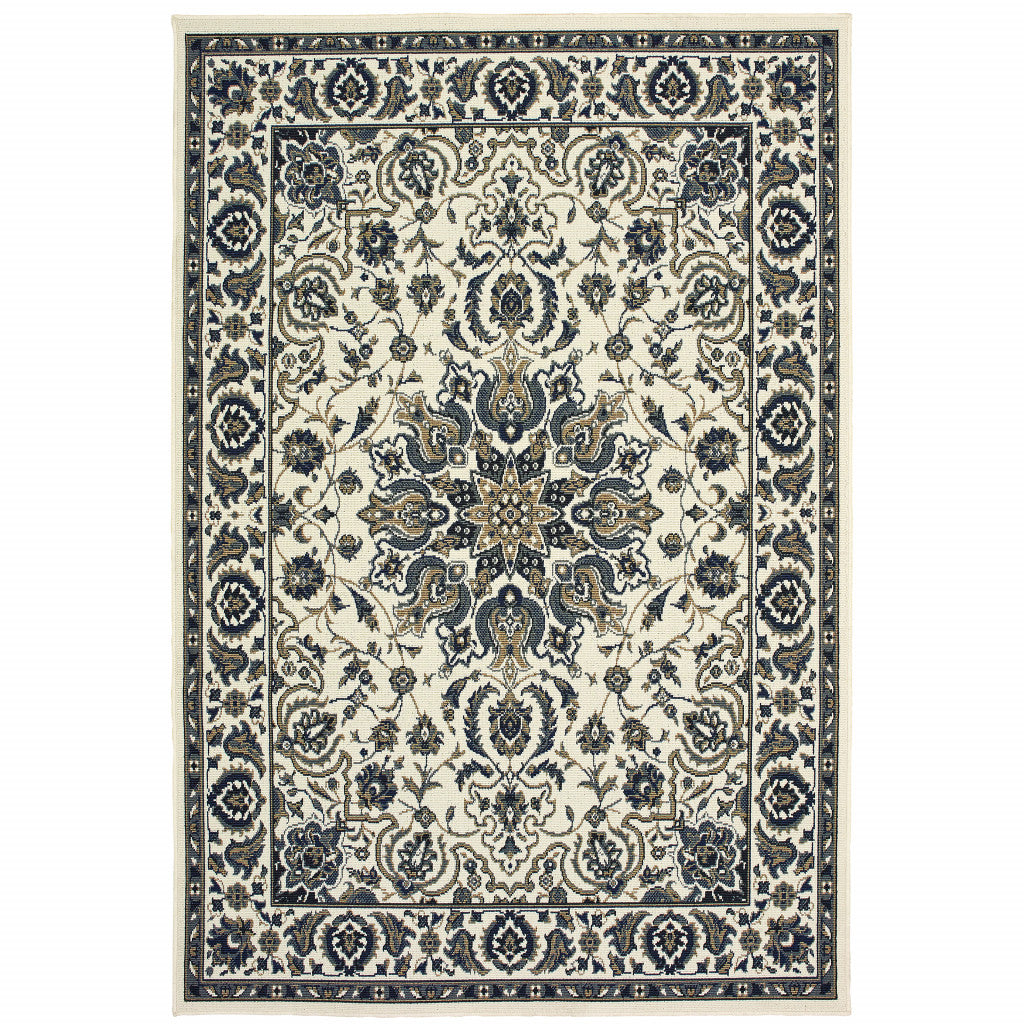 7' X 10' Ivory and Blue Oriental Stain Resistant Indoor Outdoor Area Rug