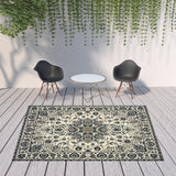 8' X 11' Ivory and Blue Oriental Stain Resistant Indoor Outdoor Area Rug