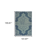 9' X 13' Blue Oriental Stain Resistant Indoor Outdoor Area Rug