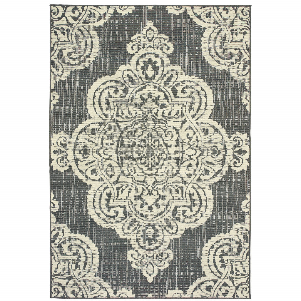 7' X 10' Gray and Ivory Oriental Stain Resistant Indoor Outdoor Area Rug