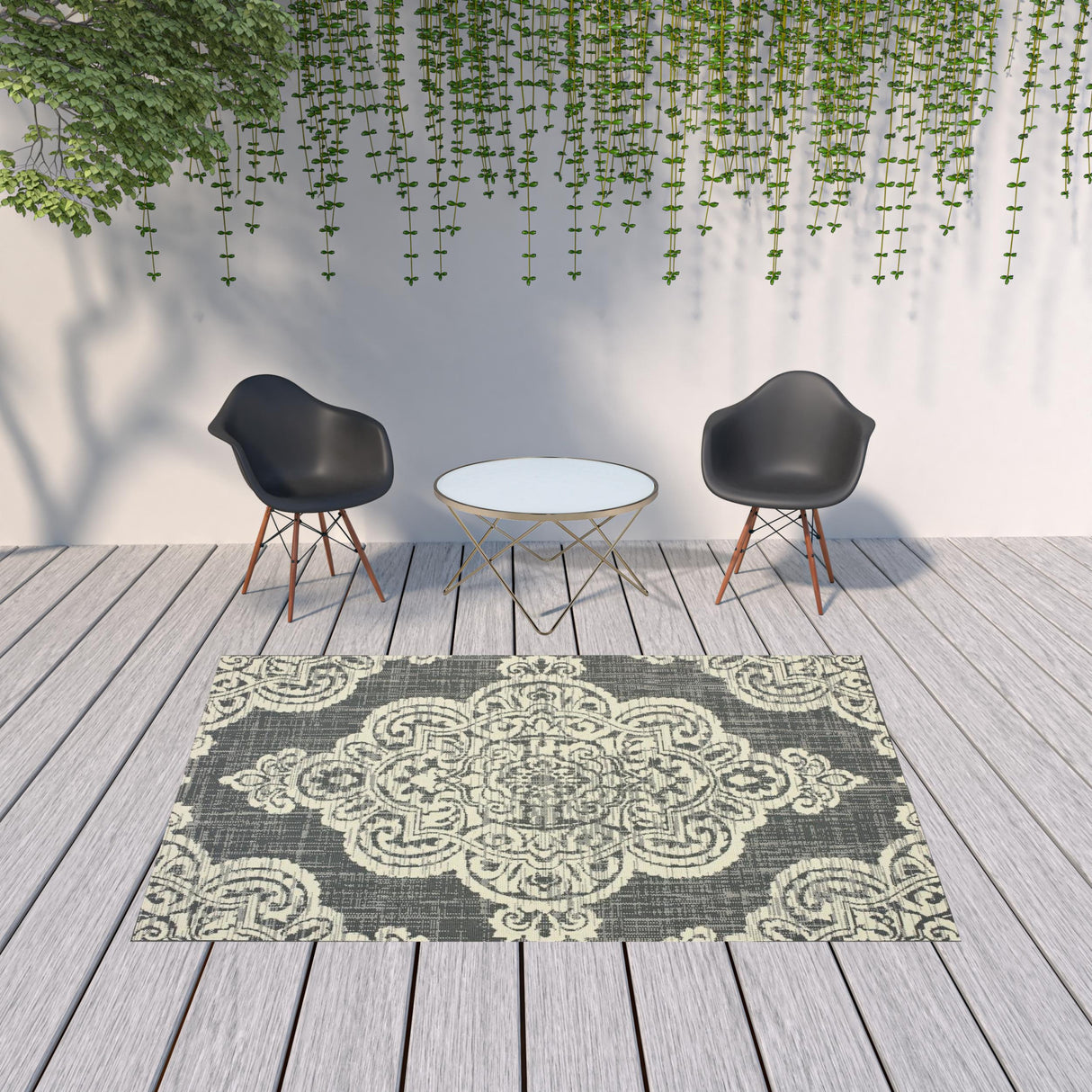 7' X 10' Gray and Ivory Oriental Stain Resistant Indoor Outdoor Area Rug