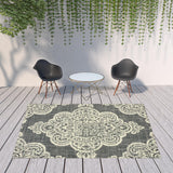 8' X 11' Gray and Ivory Oriental Stain Resistant Indoor Outdoor Area Rug