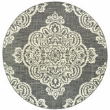 8' X 8' Gray and Ivory Round Oriental Stain Resistant Indoor Outdoor Area Rug