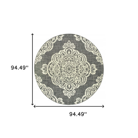 8' X 8' Gray and Ivory Round Oriental Stain Resistant Indoor Outdoor Area Rug