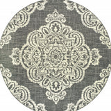 8' X 8' Gray and Ivory Round Oriental Stain Resistant Indoor Outdoor Area Rug