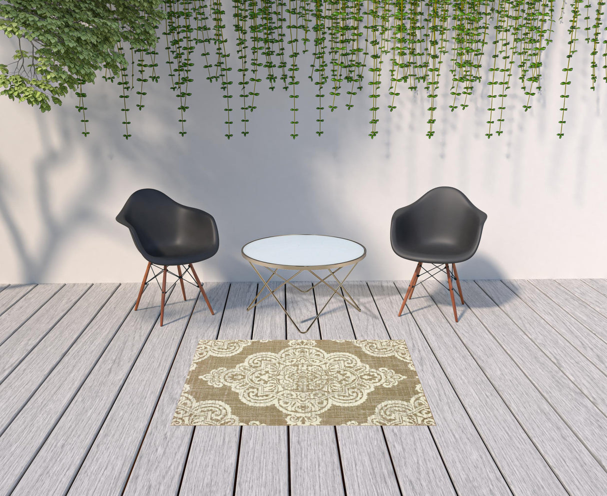 4' X 6' Tan Oriental Stain Resistant Indoor Outdoor Area Rug