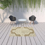 5' X 8' Tan Oriental Stain Resistant Indoor Outdoor Area Rug