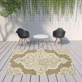 8' X 11' Tan Oriental Stain Resistant Indoor Outdoor Area Rug