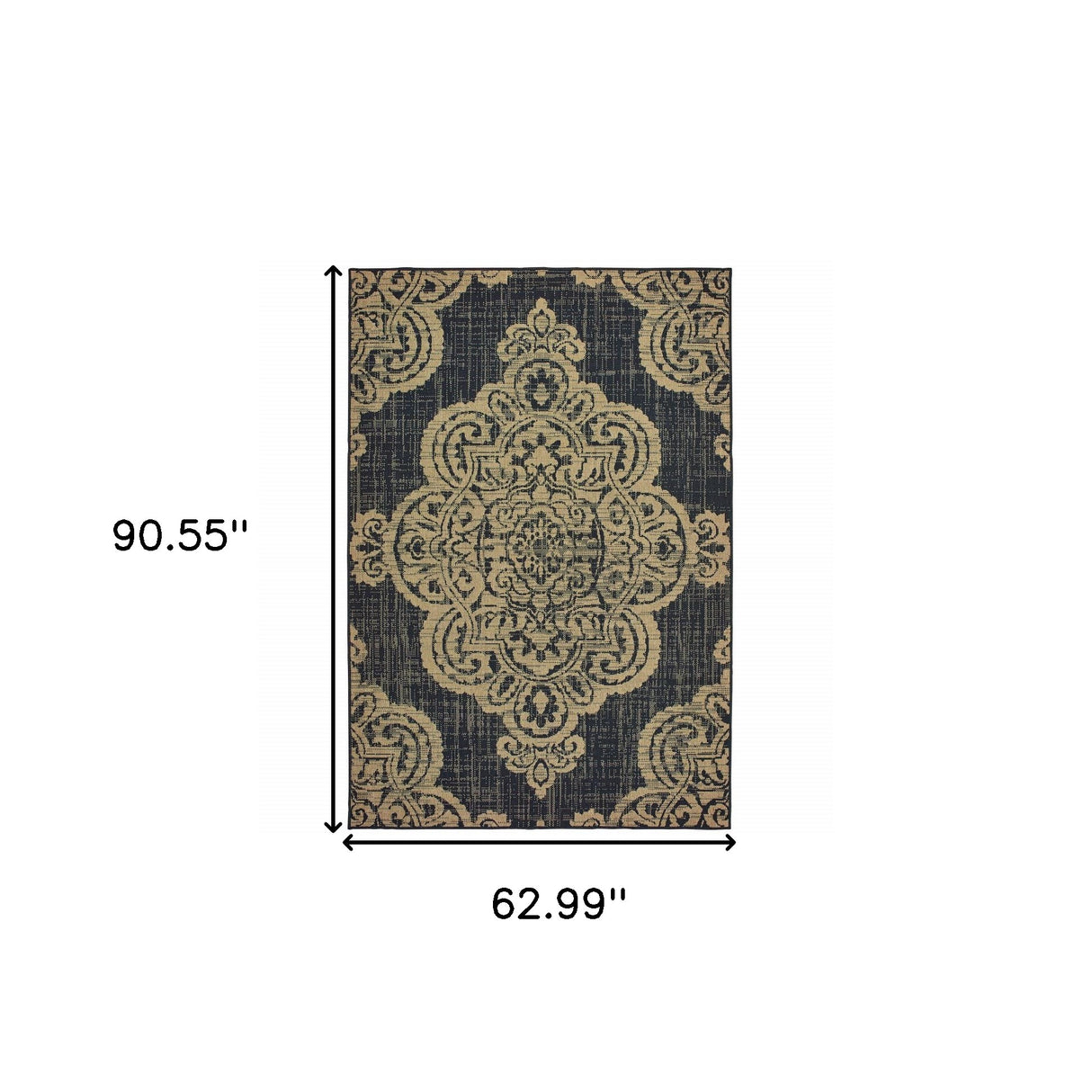 5' X 8' Black and Tan Oriental Stain Resistant Indoor Outdoor Area Rug