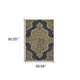 5' X 8' Black and Tan Oriental Stain Resistant Indoor Outdoor Area Rug