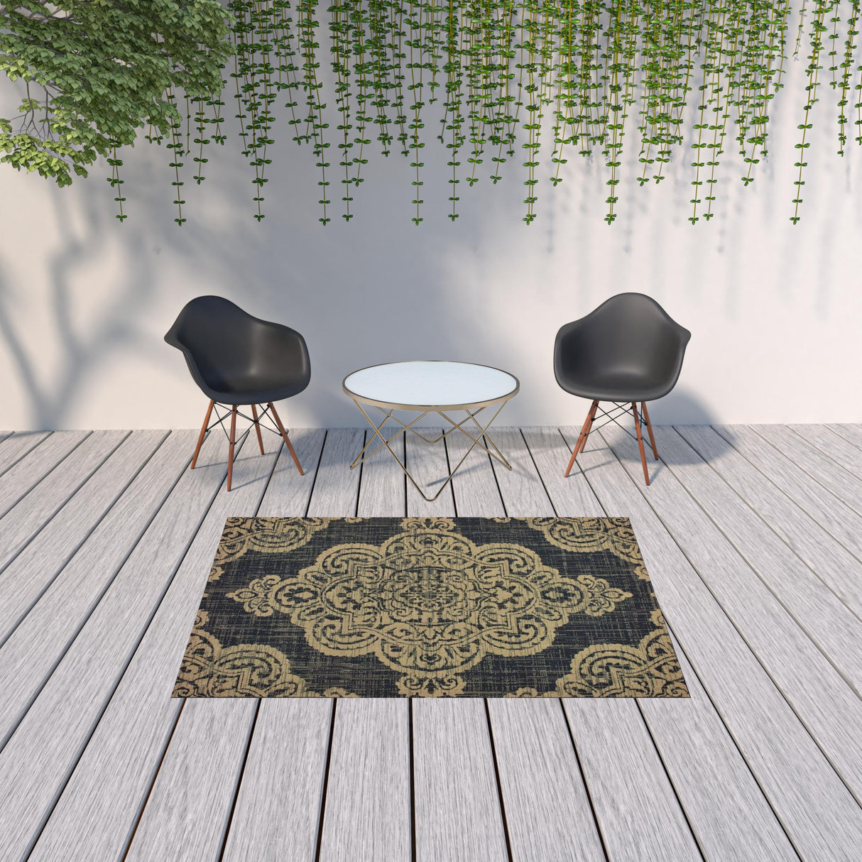 5' X 8' Black and Tan Oriental Stain Resistant Indoor Outdoor Area Rug