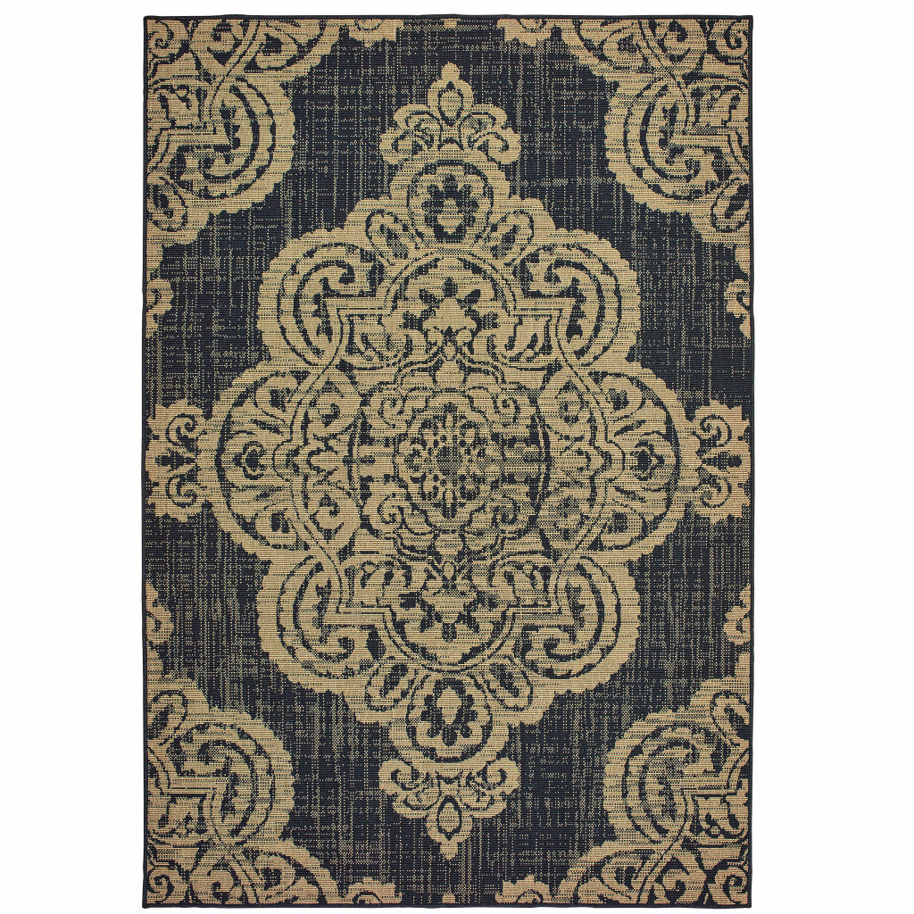 7' X 10' Black and Tan Oriental Stain Resistant Indoor Outdoor Area Rug