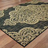 7' X 10' Black and Tan Oriental Stain Resistant Indoor Outdoor Area Rug