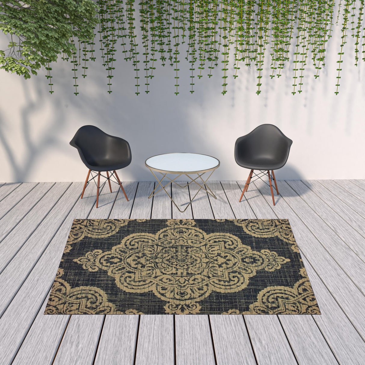 7' X 10' Black and Tan Oriental Stain Resistant Indoor Outdoor Area Rug