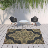 8' X 11' Black and Tan Oriental Stain Resistant Indoor Outdoor Area Rug