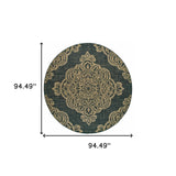 8' X 8' Black and Tan Round Oriental Stain Resistant Indoor Outdoor Area Rug