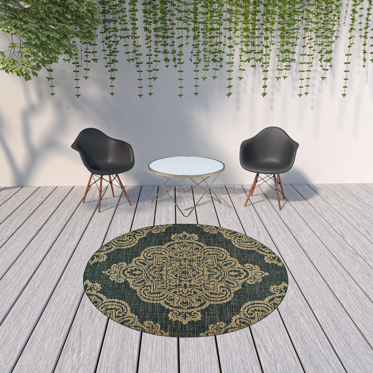 8' X 8' Black and Tan Round Oriental Stain Resistant Indoor Outdoor Area Rug