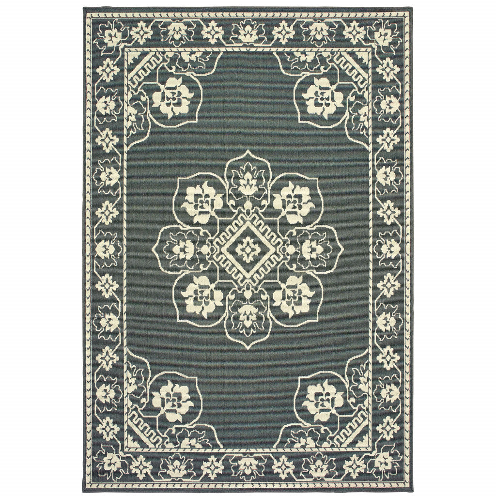 8' X 11' Gray and Ivory Oriental Stain Resistant Indoor Outdoor Area Rug