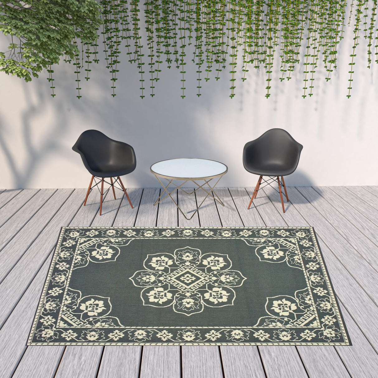 8' X 11' Gray and Ivory Oriental Stain Resistant Indoor Outdoor Area Rug