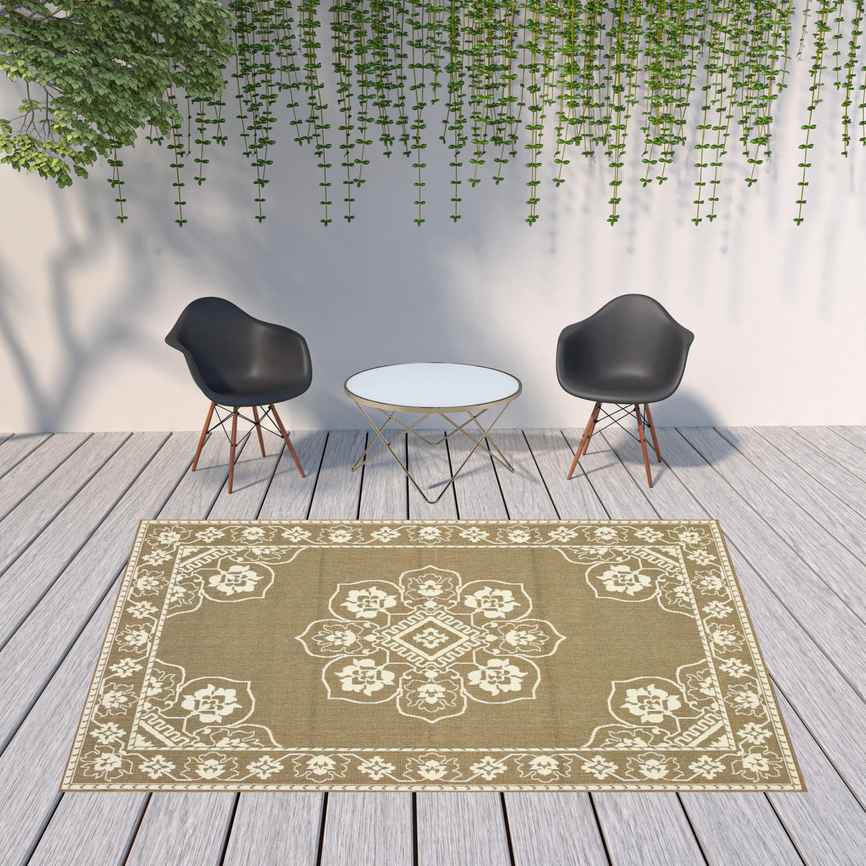 8' X 11' Tan Oriental Stain Resistant Indoor Outdoor Area Rug