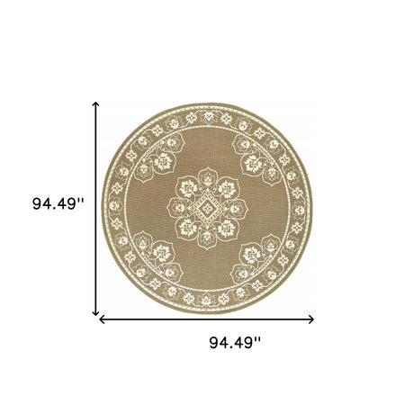 8' X 8' Tan Round Oriental Stain Resistant Indoor Outdoor Area Rug