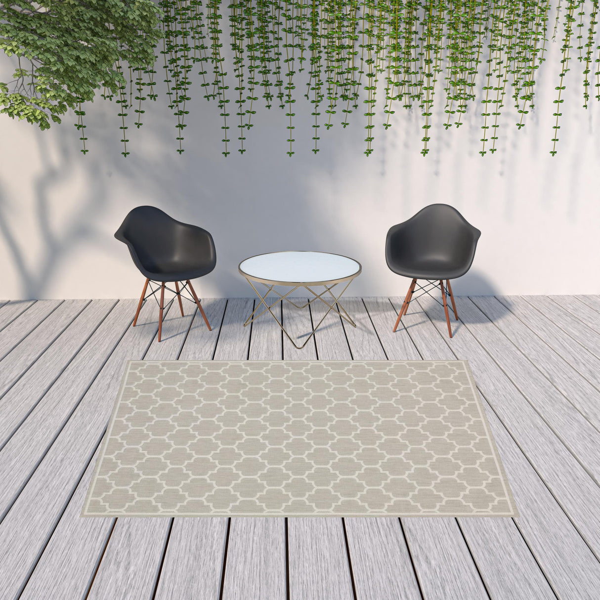 7' X 9' Gray and Ivory Geometric Stain Resistant Indoor Outdoor Area Rug