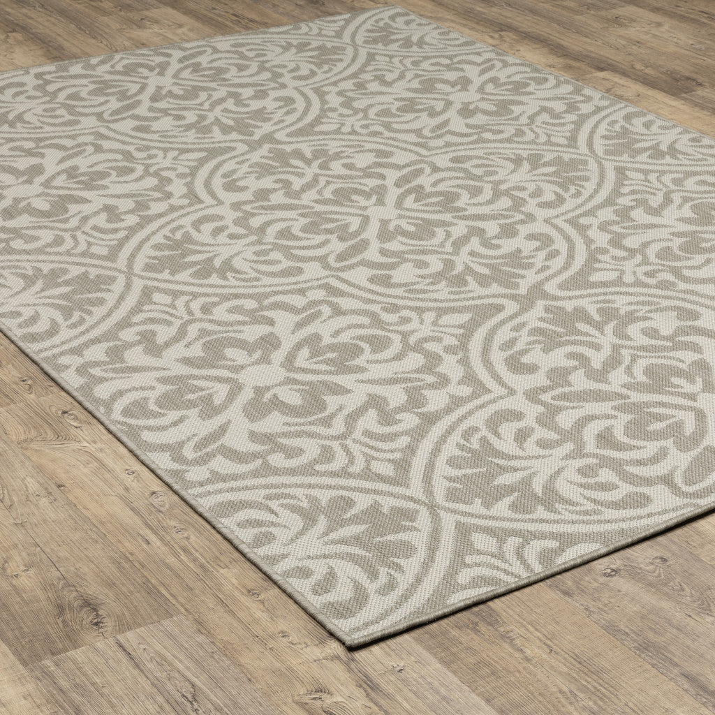 3' X 5' Gray and Ivory Floral Stain Resistant Indoor Outdoor Area Rug