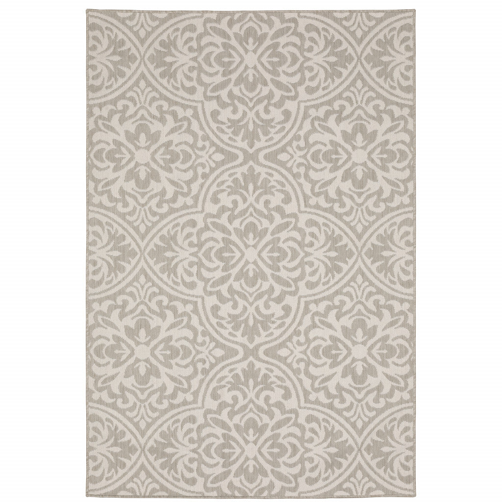 7' X 9' Gray and Ivory Floral Stain Resistant Indoor Outdoor Area Rug