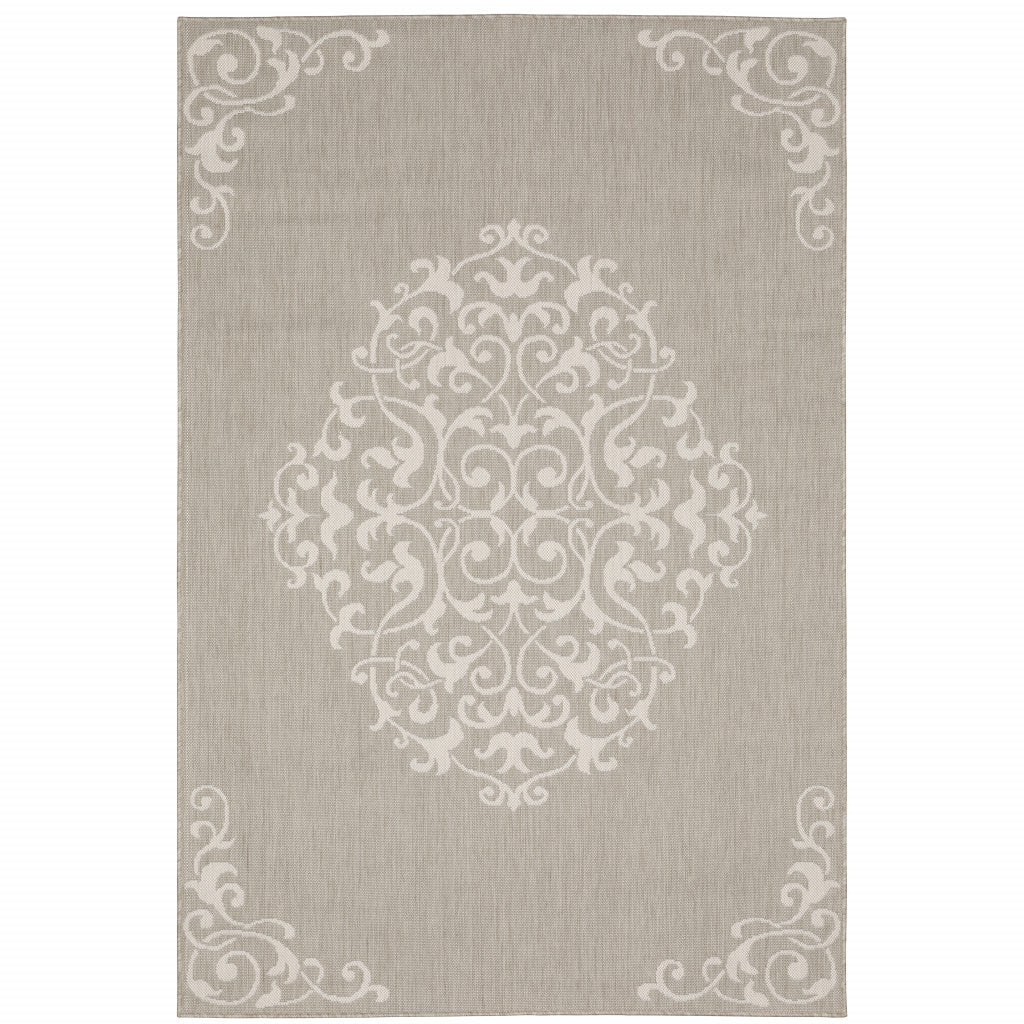 7' X 9' Gray and Ivory Oriental Stain Resistant Indoor Outdoor Area Rug