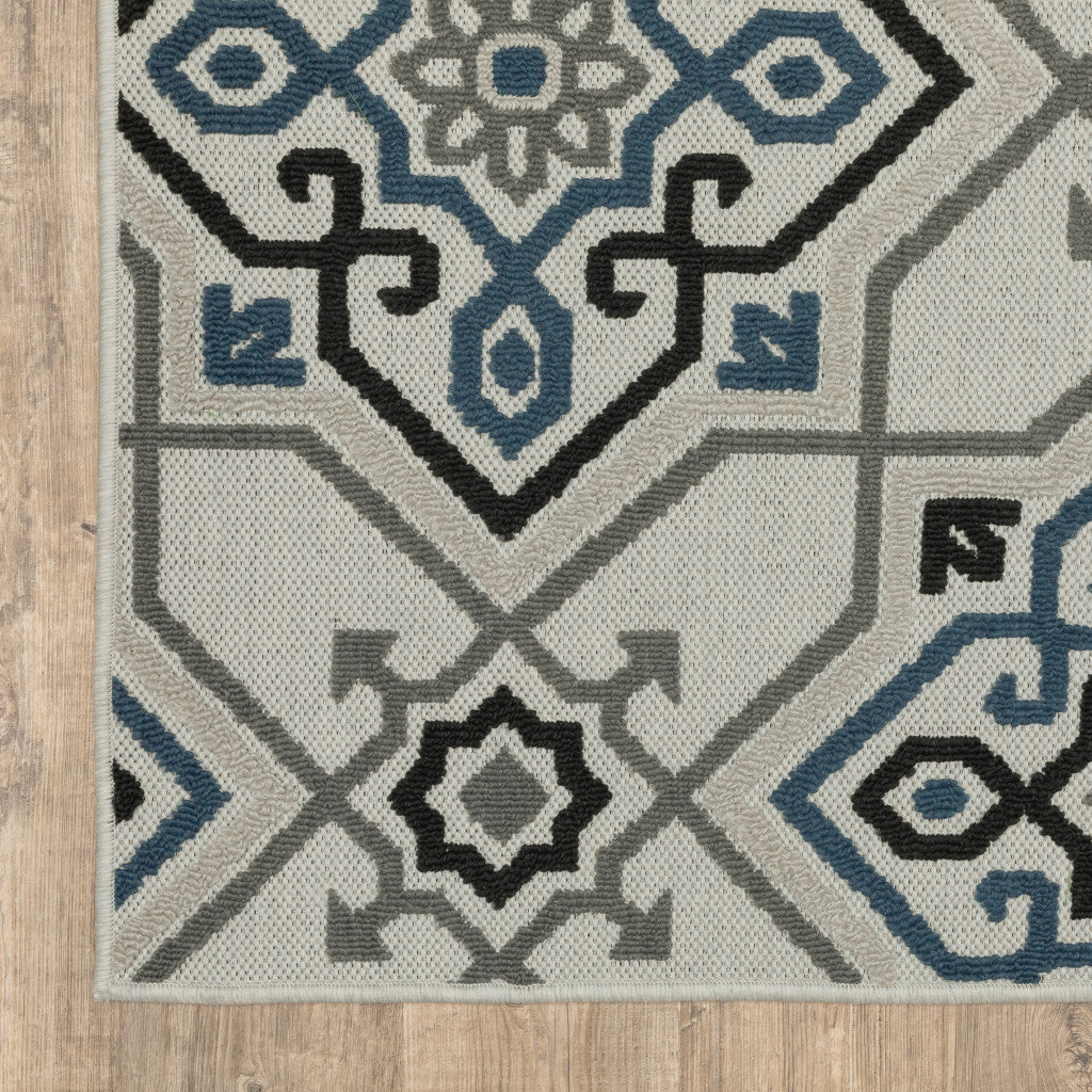 2' X 4' Blue and Beige Oriental Stain Resistant Indoor Outdoor Area Rug