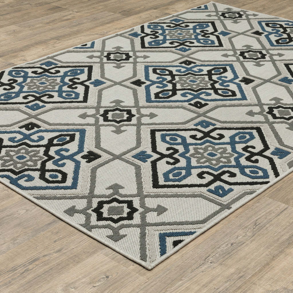 3' X 5' Blue and Beige Oriental Stain Resistant Indoor Outdoor Area Rug