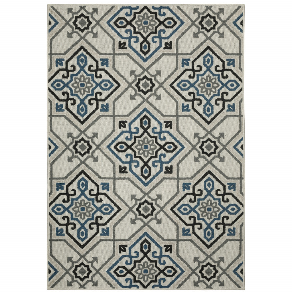 5' X 7' Blue and Beige Oriental Stain Resistant Indoor Outdoor Area Rug