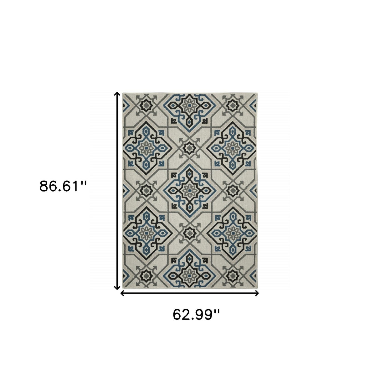 5' X 7' Blue and Beige Oriental Stain Resistant Indoor Outdoor Area Rug