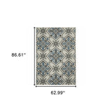 5' X 7' Blue and Beige Oriental Stain Resistant Indoor Outdoor Area Rug